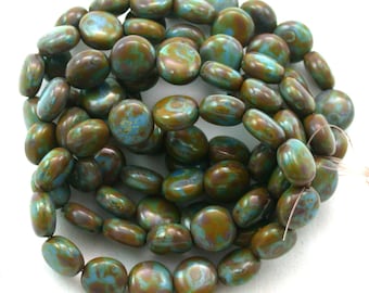 Hellblaue Seide mit Golden Brown Picasso 10 mm Linsenperlen. 15er Set.