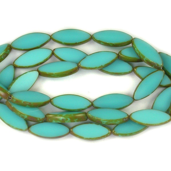 Blue Green UV active opaque w/ Golden Brown picasso 18 x 7mm oval spindle beads. Set of 5 or 10.