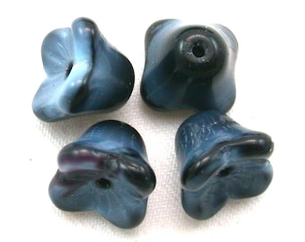Jet Black Powder Blue Gray opaque silk mix 6 x 9mm four point bell flowers. Set of 12 or 25.