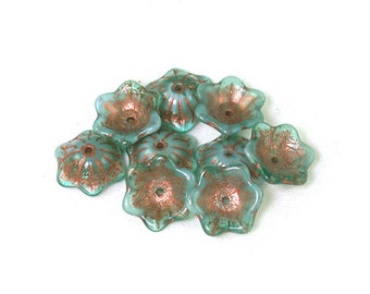 Aqua Blue Green transparent White givre w/ Copper wash deep round 12 x 11mm cup flowers. Set of 15.