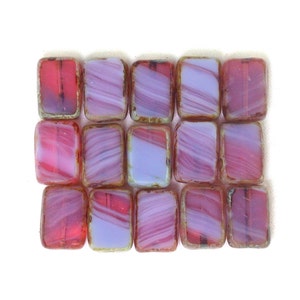 Rosa opalin Lila ogenomskinliga ränder blandade med picasso 12 x 8 x 4 mm rektangel. Set om 15.