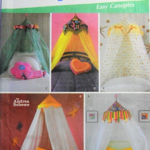 May include: Simplicity pattern for simply teen easy canopies. The cover shows several canopy designs, including those with floral, geometric, and star-shaped accents. The pattern includes the text "by Andrea Schewe".