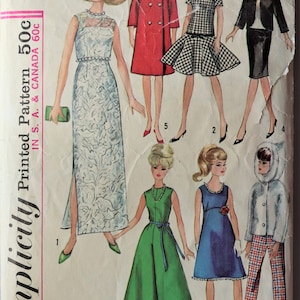 May include: A Simplicity 6208 sewing pattern envelope for doll clothing. The front features illustrations of seven outfits including a long floral gown, a red coat, a black and white checkered dress, a black suit, a green dress, a blue dress, and a hooded jacket.