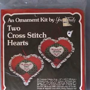 Christmas Heart ornaments cross stitch kit.  Yours Truly "Two Cross Stitch Hearts" ornaments kit.  Unused