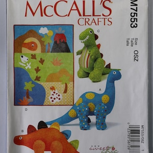 McCall&#39;s 7553.  Dinosaur toys and quilt pattern.  Stuffed plush dinosaur toys pattern.  Prehistoric picture quilt pattern.  Uncut