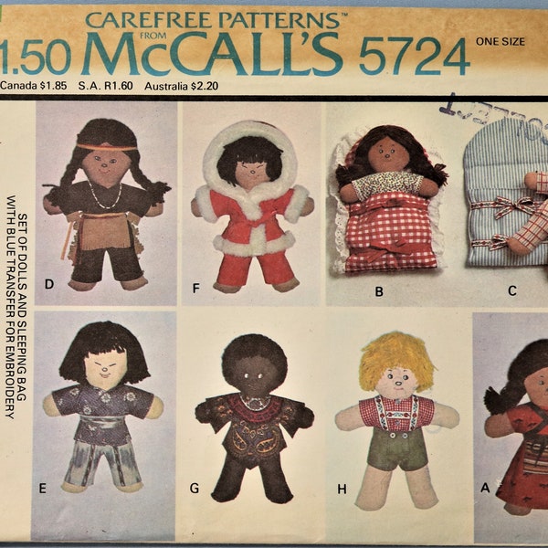 McCall's 5724.  Fabric dolls, clothes and sleeping bag pattern.  Vintage 1977 10" fabric dolls, clothes, sleeping bag pattern. Uncut