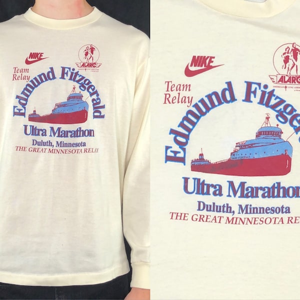 Vintage 80s Nike T-Shirt / Edmund Fitzgerald Ultra Marathon Long Sleeve Retro Tee / True Vintage / Hef-T Tag / Rare Single Stitch