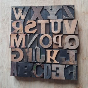 May include: A collection of vintage wooden letterpress blocks arranged in a square grid. The blocks feature various uppercase letters of the alphabet, including W, X, Y, Z, S, T, U, V, M, N, O, P, Q, G, H, I, J, K, L, A, B, C, D, E, and F, showing natural wood grain and wear.
