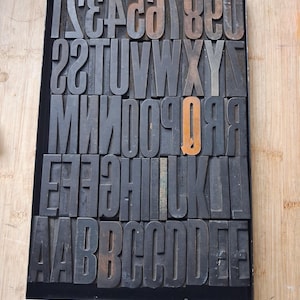 May include: A rectangular black metal tray filled with an assortment of dark wooden letterpress blocks arranged in rows. The blocks feature various uppercase letters and numbers in reverse, with one single orange-coloured letter Q block.
