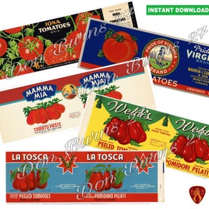 Pode incluir: Uma coleção de etiquetas de papel retangulares de estilo vintage para latas de tomate. As etiquetas apresentam ilustrações coloridas de tomates vermelhos em ramas, nomes de marcas como Iona, Pride of Virginia, Mamma Mia, Webb's e La Tosca.