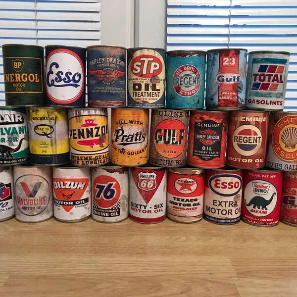 Motor oil tin cans Rustic Petrol Motoring old Can Replica Rusty vintage Rust Petroleum display prop collectables garage man cave decor