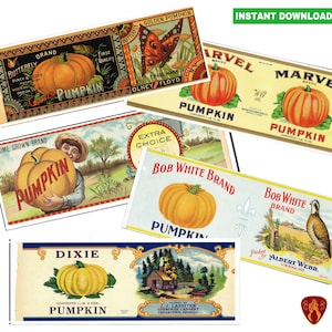 Vintage pumpkin labels tin can fruit labels USA labels kitchen decor cutlery pots printable California food labels instant download jpeg