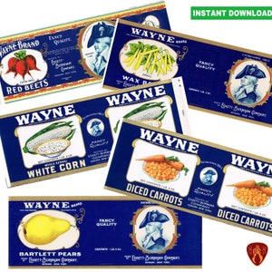 Wayne brand Vintage vegetable labels tin can labels kitchen decor cutlery pots printable food labels new york labels instant download jpeg