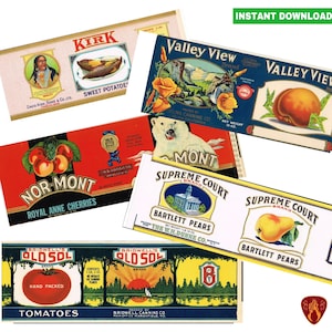 Vintage fruit can labels food tin cans vegetable prints kitchen decor cutlery pots printable food labels instant download jpeg label