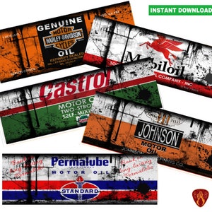 Motoring oil labels, instant download tin can label prints car fuel garage man cave decor oil cans vintage oil can fathers day car gifts