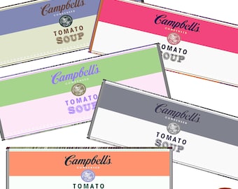 Campbells soup tin can labels set of 5 printable digital red soup tin tomato soups instant download jpeg prints pastel prints campbell soup