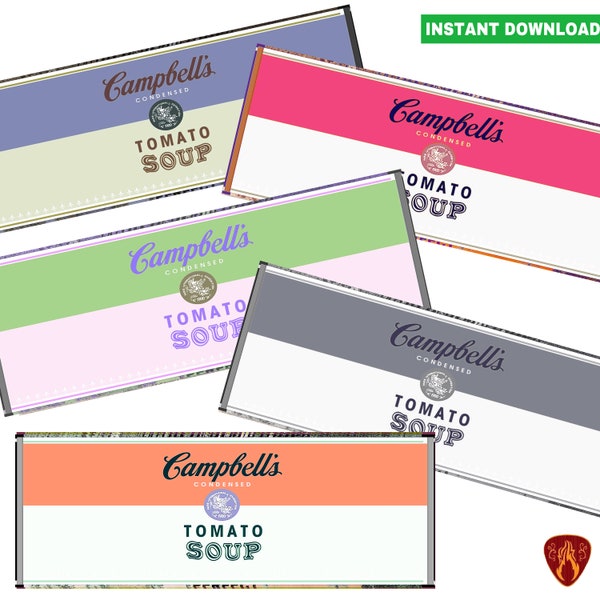 Campbells soup tin can labels set of 5 printable digital red soup tin tomato soups instant download jpeg prints pastel prints campbell soup