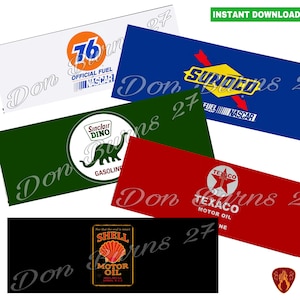 Puede incluir: Cuatro logotipos de estilo vintage de empresas de gasolina y aceite de motor. Los logotipos son para 76, Sunoco, Sinclair Dino y Texaco. Los logotipos están sobre un fondo blanco.