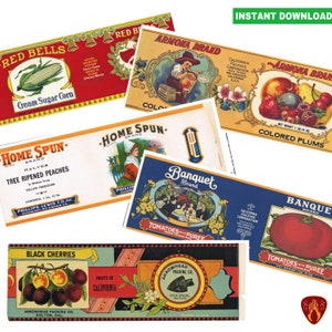 Vintage fruit and vegetable labels for tin cans vintage USA labels kitchen decor cutlery pots printable food labels jpeg Don Burns 27