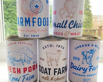 Etykiety na puszki z gospodarstwem, puszki z nabiałem, drobiem, do przechowywania, garnki, wystrój kuchni, sztućce, garnki, etykiety na żywność do wydrukowania, natychmiastowe pobieranie etykiety na gospodarstwo
