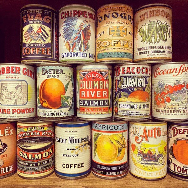 Vintage food tin cans rustic tins retro tin can replica display antique props cafe wedding table centre pieces decoration weddings decor