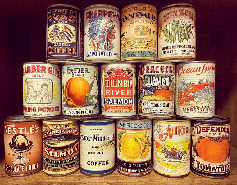 Vintage food tin cans rustic tins retro tin can replica display antique props cafe wedding table centre pieces decoration weddings decor