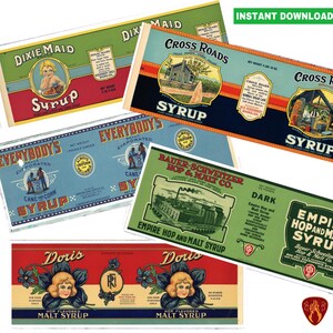 Vintage syrup tin can label tin cans retro syrup prints kitchen decor cutlery pots printable food labels instant download jpeg label