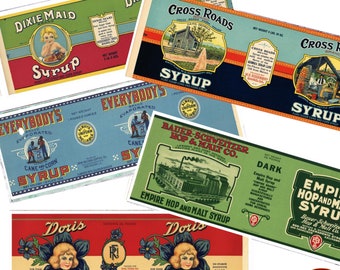 Etykiety na puszki z syropem w stylu vintage, puszki z syropem w stylu retro, dekoracje kuchenne, sztućce, garnki, etykiety na żywność do druku, natychmiastowe pobieranie, etykieta w formacie JPEG