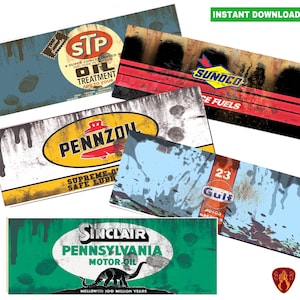 May include: A set of five vintage-style petrol station signs with distressed paint and faded colours. The signs feature the logos for STP, Pennzoil, Sunoco, Gulf, and Sinclair Pennsylvania Motor Oil.