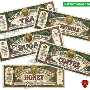 May include: A collection of vintage-style labels for tea, sugar, coffee, and honey. The labels feature ornate designs with floral and botanical elements, and text such as "Finest Leaf Tea" and "Finest Quality". The labels are labeled "Instant Download".