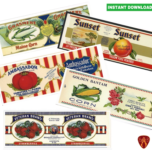 Vintage fruit and veg can labels food tin cans vegetable prints kitchen decor cutlery pots printable food labels instant download jpeg label