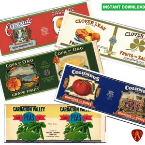 Vintage fruit and veg can labels food tin cans vegetable prints kitchen decor cutlery pots printable food labels instant download jpeg label