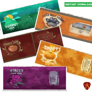 Puede incluir: Un conjunto de seis etiquetas de productos de estilo vintage con ilustraciones de una montaña, una huella de pata, un tomate, una naranja, uvas y una caseta para perros. Las etiquetas son para Summit Soda, Dog's Best Friend, Sopa de Tomate, Snappy Orange Pop, Stacy's Grape Soda y un producto sin nombre. Las etiquetas están todas en un estilo de acuarela y tienen un aspecto desgastado.