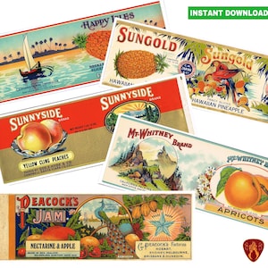 Vintage fruit can labels food tin cans vegetable prints kitchen decor cutlery pots printable food labels instant download jpeg label
