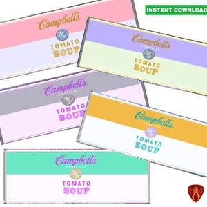 Campbells soep blikje etiketten set van 5 afdrukbare digitale soep blikje tomatensoepen instant download jpeg prints pastel prints Campbell soepen