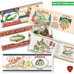 Printable Vintage American corn tin can labels, USA food can prints, vegetable labels, canned food label, kitchen decor prints download