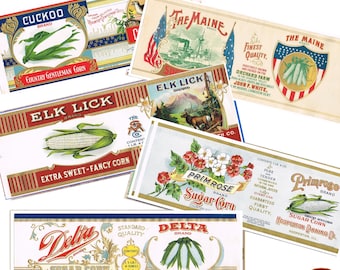 Do wydrukowania etykiety na puszki kukurydziane w stylu vintage, amerykańskie etykiety na puszki z żywnością, etykiety na warzywa, etykiety na żywność w puszkach, do pobrania wydruki dekoracyjne do kuchni