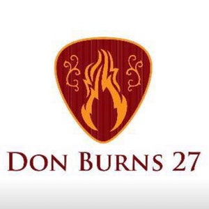 May include: A logo featuring a guitar pick shape with a burgundy background and a flame design in shades of orange. The text "DON BURNS 27" is displayed in a serif font below the pick.