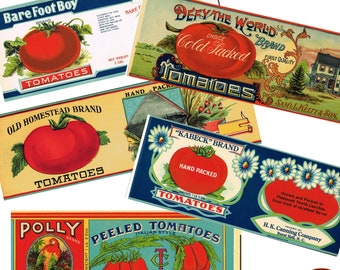 Vintage tomato tin can labels vegetable prints kitchen decor cutlery pots printable food labels instant download jpeg fruit & veg label