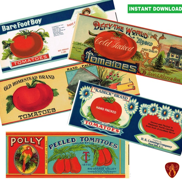 Vintage tomato tin can labels vegetable prints kitchen decor cutlery pots printable food labels instant download jpeg fruit & veg label
