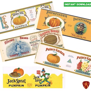 May include: A collection of vintage pumpkin labels with various designs and text. The labels feature illustrations of pumpkins, a woman, and a man. Some labels include the text "Square Deal," "Pathfinder," and "Jack Sprat."