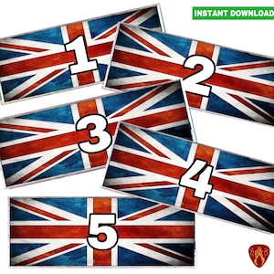 以下が含まれることがあります： イギリス国旗のデザインが施された長方形のカードが5枚。各カードには、中央に1から5までの白い数字が書かれている。