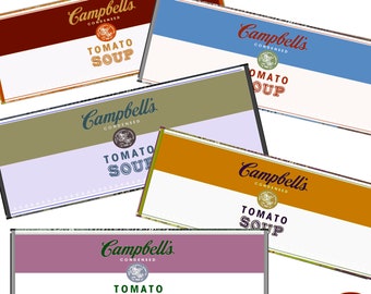 Retro Campbell’s soup tin can labels set of 5 printable digital soups instant download jpeg kitchen decor print vintage colour campbell soup