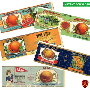 Vintage peach labels tin can fruit labels USA labels kitchen decor cutlery pots printable California food labels instant download jpeg