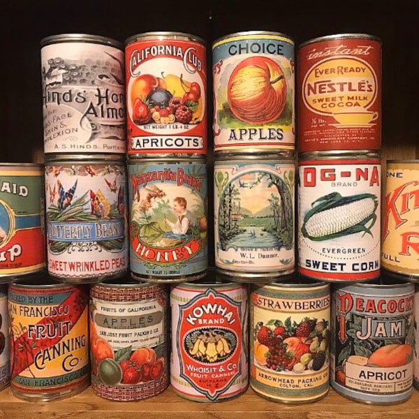 Vintage food cans rustic tins retro tin can replica display prop storage props cafe wedding table centre pieces decoration weddings decor