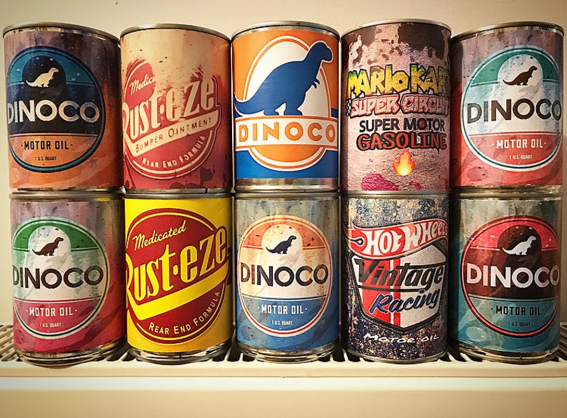 Rusteze Cars Racing Labels Motor Oil Tin Can Party Themed Prints Set of ...