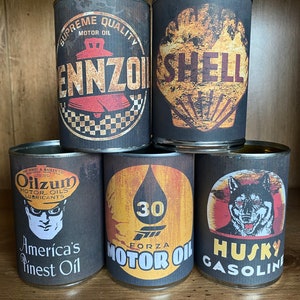 Vintage Motor oil can labels set of 5 printable digital prints instant download jpeg tin can label gasoline labels to print man cave decor image 2