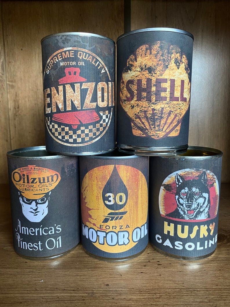 Vintage Motor oil can labels set of 5 printable digital prints instant download jpeg tin can label gasoline labels to print man cave decor image 2