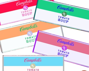 Campbells soup tin can labels set of 5 printable digital red soup tin tomato soups instant download jpeg kitchen decor prints campbell soup