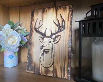 Wood burnt stag rustic home decor wooden burned man cave wall hanging mancave deer hunting lodge pyrography wood burned stag head wall art